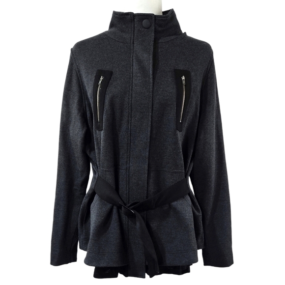 Cabi 3184 Love Carol Modern Mesh Gray Ponte Self Tie Zip Jacket Layered Look - Picture 1 of 9